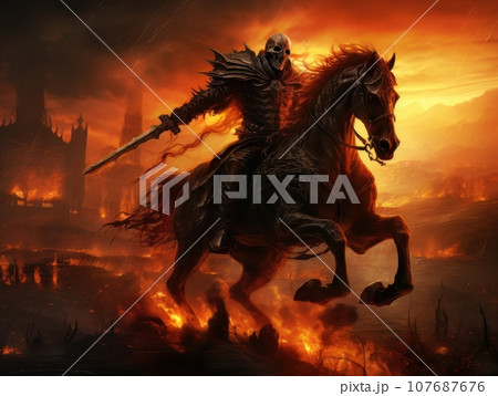 Black horseman of the apocalypse with sword riding black horse AI 107687676