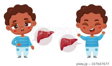 Collection cute black ethnic boy sick and healthy with liver internal organ character. Vector illustration in cartoon style. Kids collection of design and decoration of medical themes 107687677