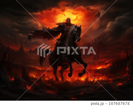 Black horseman of the apocalypse with sword riding black horse AI 107687678