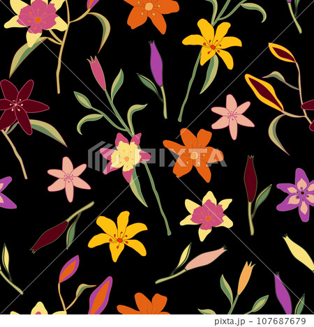 Blooming lily flowers floral seamless pattern. Spring floral background.  107687679