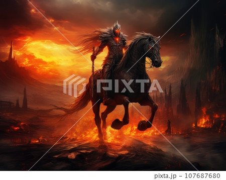 Black horseman of the apocalypse with sword riding black horse AI 107687680