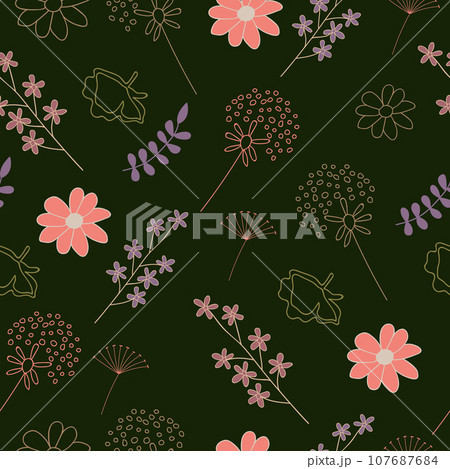Spring floral doodle seamless pattern with green background. 107687684
