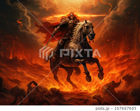 Black horseman of the apocalypse with sword riding black horse AI 107687685