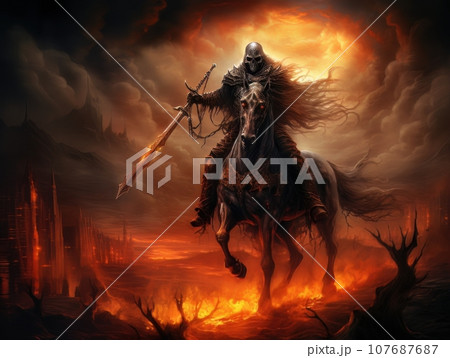 Black horseman of the apocalypse with sword riding black horse AI 107687687