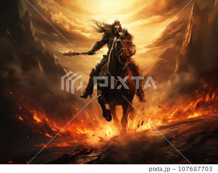 Black horseman of the apocalypse with sword riding black horse AI Black horseman of the apocalypse with sword riding black horse AI 107687703