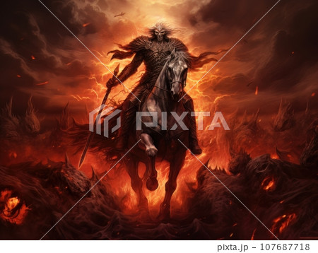 Black horseman of the apocalypse with sword riding black horse AI 107687718
