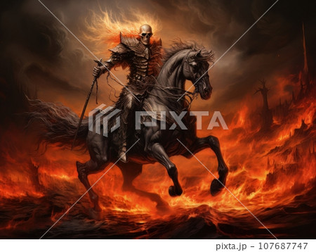 Black horseman of the apocalypse with sword riding black horse AI 107687747