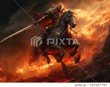 Black horseman of the apocalypse with sword riding black horse AI 107687761