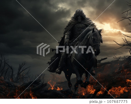 Black horseman of the apocalypse with sword riding black horse AI 107687775