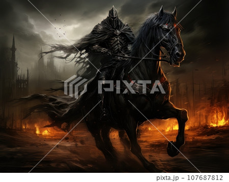 Black horseman of apocalypse riding black horse AI 107687812
