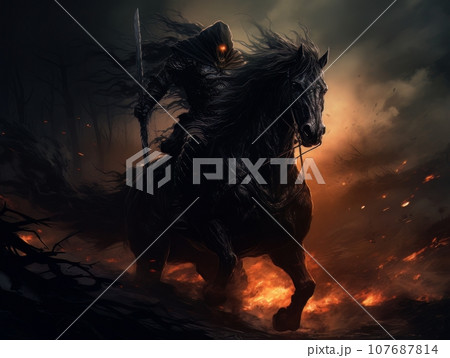 Black horseman of apocalypse riding black horse AI Black horseman of apocalypse riding black horse AI 107687814