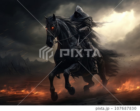Black horseman of apocalypse riding black horse AI Black horseman of apocalypse riding black horse AI 107687830