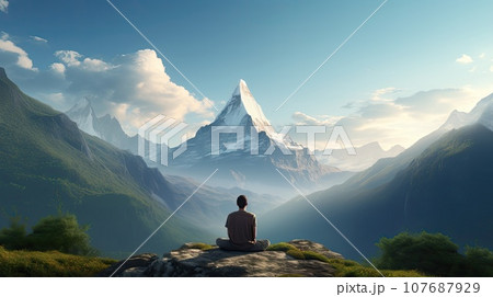 A yoga practicioner in a tranquil mountains ultra realistic illustration - Generative AI. 107687929