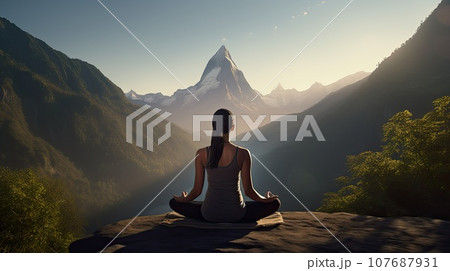 A yoga practicioner in a tranquil mountains ultra realistic illustration - Generative AI. 107687931