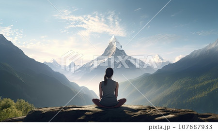 A yoga practicioner in a tranquil mountains ultra realistic illustration - Generative AI. 107687933