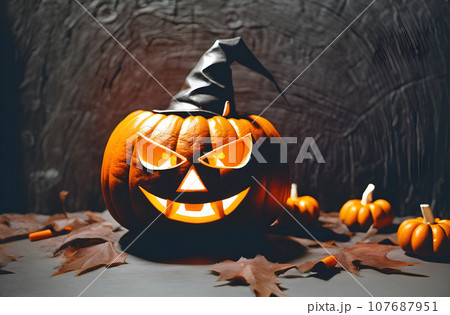 Orange pumpkin with a scary face wearing a black witch hat on Halloween. 107687951