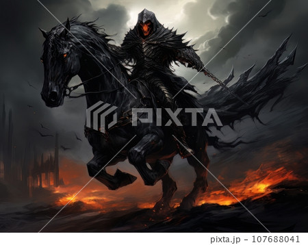 Black horseman of apocalypse riding black horse AI 107688041