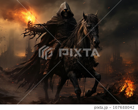 Black horseman of apocalypse riding black horse AI Black horseman of apocalypse riding black horse AI 107688042
