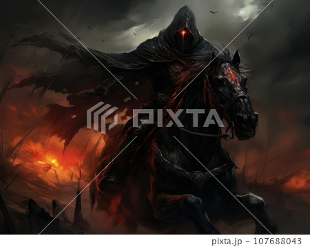 Black horseman of apocalypse riding black horse AI Black horseman of apocalypse riding black horse AI 107688043