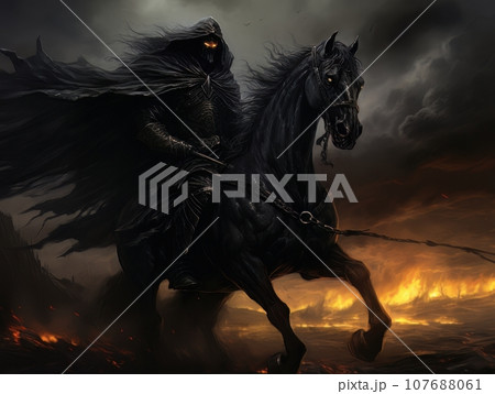 Black horseman of apocalypse riding black horse AI Black horseman of apocalypse riding black horse AI 107688061