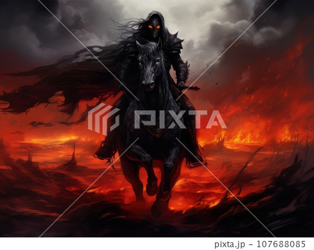 Black horseman of apocalypse riding black horse AI 107688085