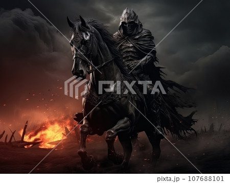 Black horseman of apocalypse riding black horse AI 107688101