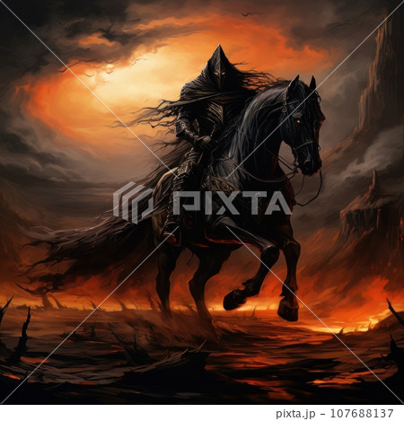 Black horseman of apocalypse riding black horse AI Black horseman of apocalypse riding black horse AI 107688137