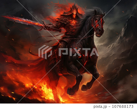 Horseman of the Apocalypse with a sword riding a black horse AI 107688173