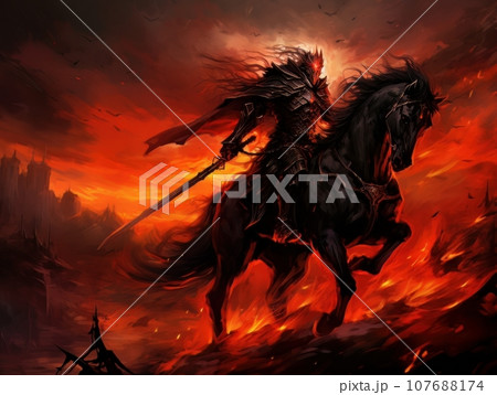 Horseman of the Apocalypse with a sword riding a black horse AI 107688174