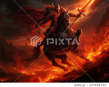 Horseman of the Apocalypse with a sword riding a black horse AI Horseman of the Apocalypse with a sword riding a black horse AI 107688182