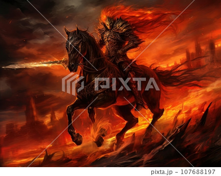 Horseman of the Apocalypse with a sword riding a black horse AI 107688197