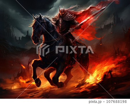 Horseman of the Apocalypse with a sword riding a black horse AI 107688198