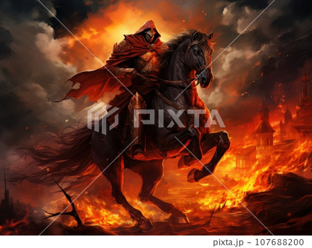 Horseman of the Apocalypse with a sword riding a black horse AI Horseman of the Apocalypse with a sword riding a black horse AI 107688200
