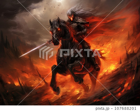 Horseman of the Apocalypse with a sword riding a black horse AI Horseman of the Apocalypse with a sword riding a black horse AI 107688201