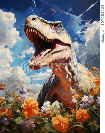 Cartoon Screaming Dinosaur in a flower field. AI 107688222