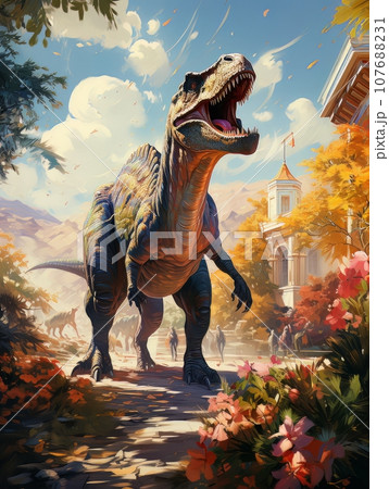 Cartoon Dinosaur against the background of a church.. AI 107688231