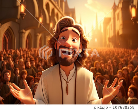 Cartoon Jesus Christ greets you with happy smile at the entrance to the church. AI Cartoon Jesus Christ greets you with happy smile at the entrance to the church. AI 107688259