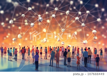 Social networks and connections between people. Graphic simple multicolored figures Social networks and connections between people. Graphic simple multicolored figures 107688449