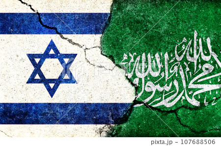 イスラエル vs ハマス 国旗イラスト / 割れたコンクリート壁テクスチャー 107688506
