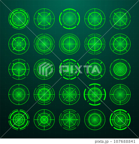 Crosshair, gun sight vector icons. Bullseye, black target or aim symbol. Military rifle scope, shooting mark sign. Targeting, aiming for a shot. Archery, hunting and sports shooting. Game UI element. 107688841