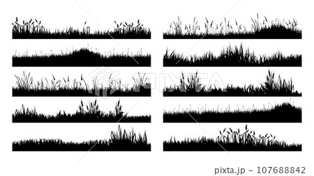 Meadow silhouettes with grass, plants on plain. Panoramic summer lawn landscape with herbs, various weeds. Herbal border, frame element. Black horizontal banners. Vector illustration Meadow silhouettes with grass, plants on plain. Panoramic summer lawn landscape with herbs, various weeds. Herbal border, frame element. Black horizontal banners. Vector illustration 107688842