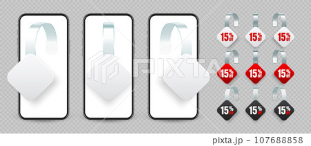 Supermarket promotional wobblers and smartphone. Realistic wobbler for shelf advertising. Sale, percent discount label. Special offer price tag. Online, web shop concept. Vector illustration Supermarket promotional wobblers and smartphone. Realistic wobbler for shelf advertising. Sale, percent discount label. Special offer price tag. Online, web shop concept. Vector illustration 107688858