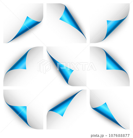 Set of blue paper curls. Curled page corner with shadow. Blank sheet of paper. Colorful shiny foil. Design element for advertising and promotion. Vector illustration. 107688877