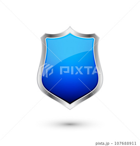 Vintage heraldic 3d shield icon with shiny metal frame. Blue protection, security and defence symbol. Medieval design element. Vector illustration Vintage heraldic 3d shield icon with shiny metal frame. Blue protection, security and defence symbol. Medieval design element. Vector illustration 107688911