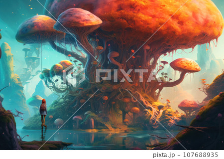 Futuristic fairy tale background with huge mushrooms like trees and a human figure. Generated by AI. Futuristic fairy tale background with huge mushrooms like trees and a human figure. Generated by AI. 107688935