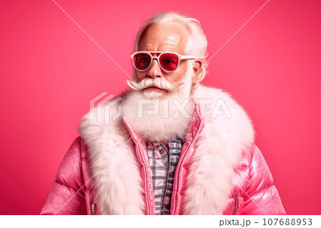 A gray-bearded stylish man in sunglasses and a fashionable pink suit 107688953