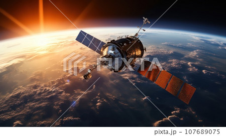 Telecommunications satellite in Earth orbit. Surveillance, reconnaissance and espionage for people. 107689075