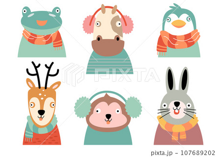 Wildlife animals with winter costume . Flat design . White isolate background . Set 2 of 4 . Vector . 107689202