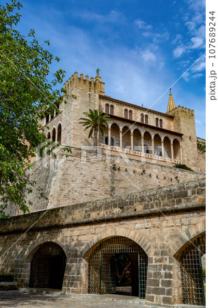 Gothic medieval Royal Palace of La Almudaina. Palma de Mallorca. Balearic Islands Spain. Gothic medieval Royal Palace of La Almudaina. Palma de Mallorca. Balearic Islands Spain. 107689244