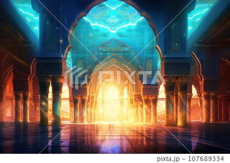 Futuristic majestic castle with arched passages among the rocks. 107689334